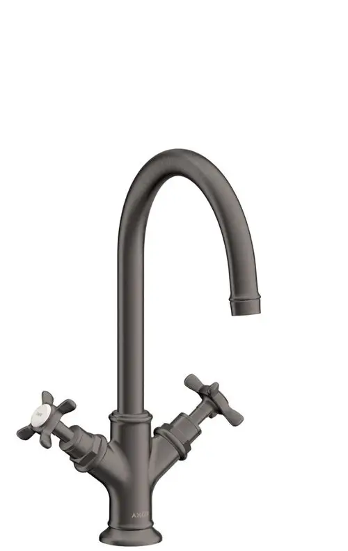 Waschtischarmatur mit zwei Kreuzgriffen aus brushed black chrome von der Marke AXOR, mit hohem Auslauf und Zugstangen-Ablaufgarnitur.